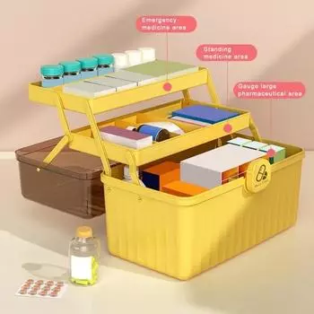 Коробка для хранения таблеток большой емкости с ручкой. Трехслойная прозрачная крышка. Пыленепроницаемый герметичный футляр для хранения. Контейнер для таблеток и таблеток. L жёлтый