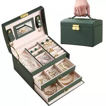 Коробка для хранения ювелирных изделий из искусственной кожи с зеркалом, портативная ручка, 3 слоя, серьги, кольцо, ожерелье, браслет, органайзер, держатель, контейнер, чехол