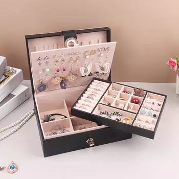 Коробка для хранения ювелирных изделий из искусственной кожи с прозрачной откидной крышкой, двухслойный ящик-органайзер для сережек, колец, ожерелий, витрина для ювелирных изделий зелёный