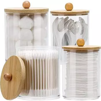 Коробка для хранения ватных палочек, органайзер для макияжа, акриловая коробка для хранения, прозрачная хлопковая косметическая коробка с бамбуковой крышкой для ванной комнаты