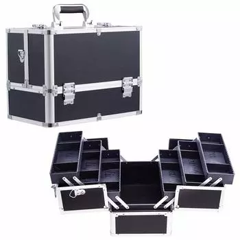 Коробка для макияжа Hapilife, косметическая коробка из искусственной кожи, большая вместимость, коробка для хранения косметики с плечом, 6 лотков, ширина 37 см, черная чёрный