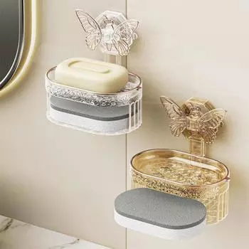 Коробка для мыла «Бабочка», двухслойная с присоской, настенная, без перфоратора, дренажная, водопоглощающая, полка для ванной комнаты золотистый