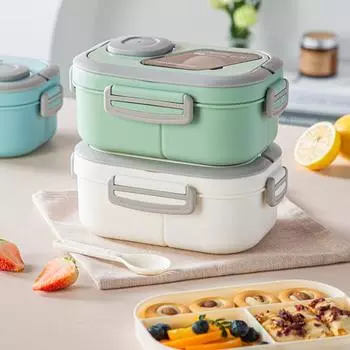 Коробка для обеда Двухслойная коробка для бенто Легко носить с собой Герметичный контейнер для обеда с коробкой для соуса для офисной школы белый