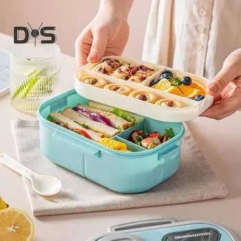 Коробка для обеда Двухслойная коробка для бенто Легко носить с собой Герметичный контейнер для обеда с коробкой для соуса для офисной школы белый