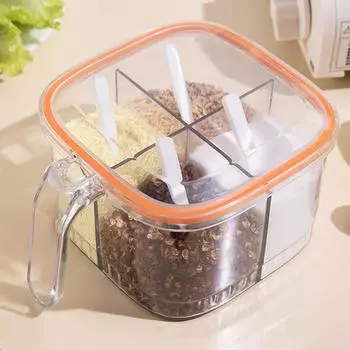 Коробка для приправ 4 отделения прозрачная горшочек для специй с крышкой для кухни соль перец сахар апельсин оранжевый