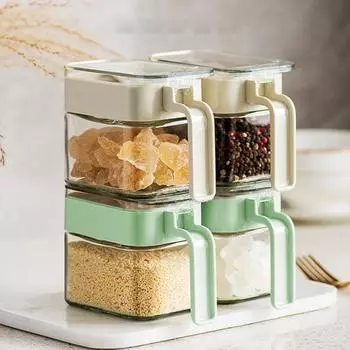 Коробка для приправ с ручкой ложки, пылезащитная крышка, прозрачная многофункциональная столешница, приправа для специй, соль, сахар, стеклянная банка для хранения, контейнер, кухонные принадлежности жёлтый