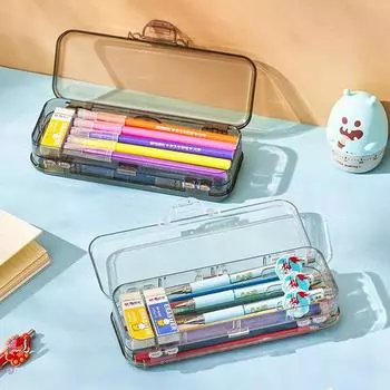 Коробка для ручек, двухслойная, прозрачная, многофункциональная, для мальчиков и девочек, для студентов, органайзер для канцелярских принадлежностей A2