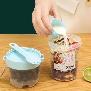 Коробка для салата, прозрачная портативная разделенная на два отделения чашка для завтрака, овсянка, хлопья, орехи, йогурт, контейнер с вилкой, школьный ланч-бокс для хранения продуктов розовый