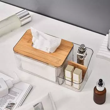 Коробка для салфеток, прозрачный контейнер для салфеток с деревянной крышкой, держатель для хранения с дистанционным управлением для кухни, гостиной