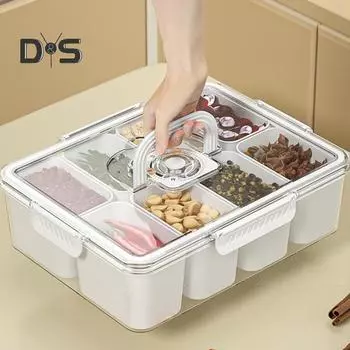 Коробка для закусок для салата с крышкой, 8 отделений, хранилище столовых приборов, пищевой портативный контейнер с ручкой для фруктов, орехов, вечеринок 4Grid