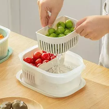 Коробка-корзина Пыленепроницаемая со съемным сливом Крышка для хранения в холодильнике Прозрачная видимая двухслойная большая белый