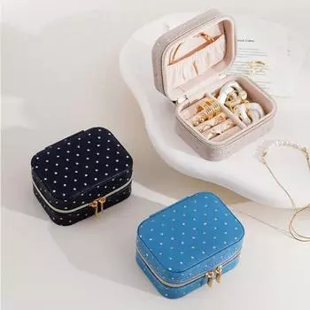 Коробка-органайзер для ювелирных изделий, инкрустированная стразами, коробка для хранения ювелирных изделий из искусственной кожи, портативный мини-органайзер на молнии для девочек, серьги, ожерелья синий