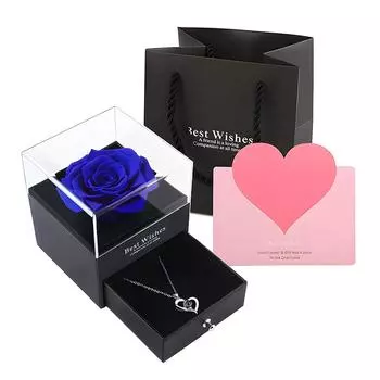 Коробка с вечной розой и ожерельем, стабилизированные цветы, роза с хрустальным ожерельем, подарки для мамы, жены синий