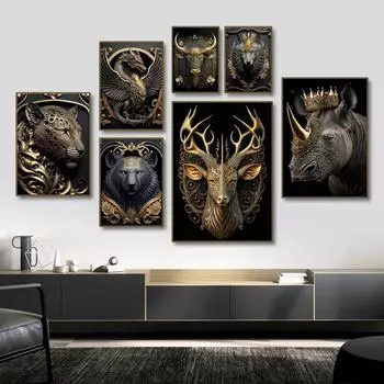 Король животных, металлическая скульптура, постер, олень, медведь, волк с золотой короной, статуя, художественная живопись на холсте, печатает картинки для декора стен, без рамки 21*30cm