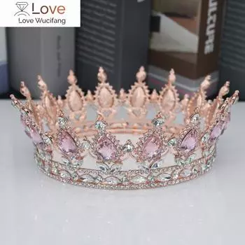 Королева, король, тиары и короны, свадебные женские, розовое золото, цвет кристаллов, головной убор, диадема, свадебные украшения для волос, аксессуары Width: 14cm