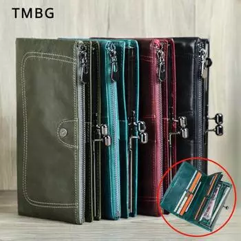 Королевские длинные женские кошельки первого слоя из воловьей кожи Популярные RFID противоугонные кисти Масло из натуральной кожи Женский бумажник-клатч Сумка для денег Богиня Праздничные подарки чёрный