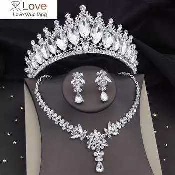 Королевские королевские хрустальные свадебные комплекты ювелирных изделий для женщин тиара серьги ожерелье свадебное платье выпускной корона невесты Дубайские комплекты ювелирных изделий