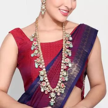 Королевский комплект ожерелья, комплект ожерелья с камнем Джайпури, ожерелье с зеленым изумрудом Джайпури, индийские свадебные украшения L белый