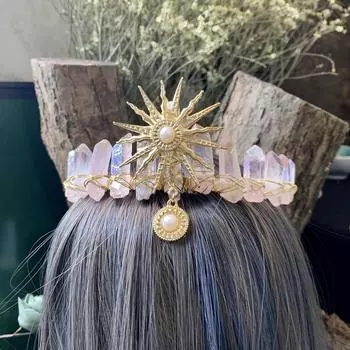 Корона богини солнца из розового кристалла, ювелирные изделия из необработанного кристалла, аксессуары для волос, повязка на голову, сияющая солнцем, реквизит для фотосъемки, платье, подарок на вечеринку