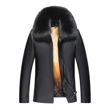 Короткая бархатная куртка большого размера для мужчин среднего и пожилого возраста из овчины, подкладка из золотистой норки, воротник из меха лисы M