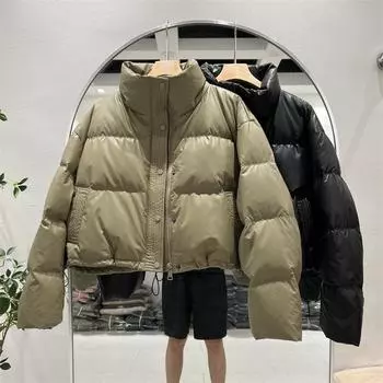 Короткая белая куртка-стойка на утином пуху, женская 2024 года, свободная, утолщенная, глянцевая, куртка-хлеб, маленькая, модная куртка S чёрный