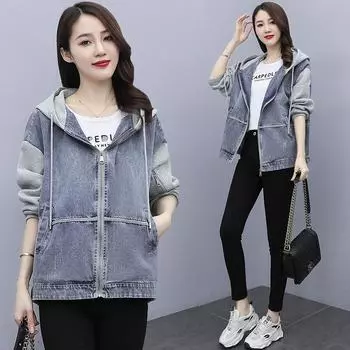 Короткая джинсовая куртка для женщин. Новая свободная корейская повседневная женская короткая куртка с капюшоном большого размера. XXXXL