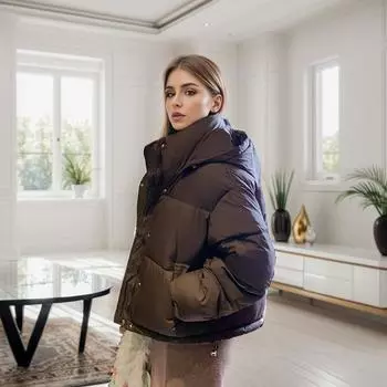 Короткая хлопковая куртка-пуховик женская зимняя новая корейская версия свободной хлопковой куртки утолщенная модная хлопковая куртка S темно-коричневого