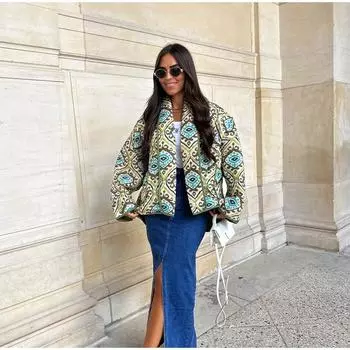 Короткая хлопковая куртка с принтом и отворотом, женская, с длинным рукавом, теплое пальто с карманами, толстая, осенне-зимняя, модная женская уличная верхняя одежда S зелёный