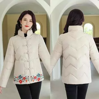 Короткая хлопковая одежда для женщин 2024 года, зимняя новая ретро-одежда из хлопка, этнический стиль, вышитая женская одежда из хлопка с пряжками на коленях M красный