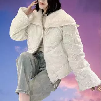 Короткая корейская версия большой меховой воротник пуховая хлопковая одежда женская мода иностранный пляж овечья шерсть высокая талия хлопковая подбитая одежда утолщенное пальто S/150 чёрный