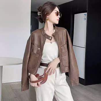 Короткая кожаная куртка для женщин на осень новый стиль облегающий круглый вырез мотоциклетная куртка из искусственной кожи M