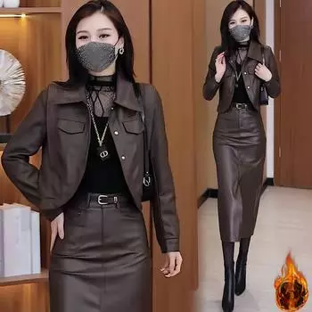 Короткая кожаная куртка из бархата, женские топы, осень и зима, новый модный костюм, юбка, маленькая кожаная юбка M