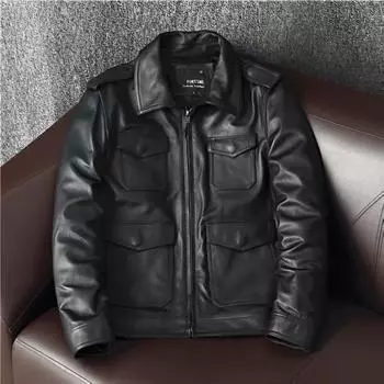 Короткая кожаная куртка с карманами из коровьей кожи первого слоя в стиле локомотива с отворотами S