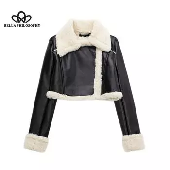 Короткая кожаная куртка в стиле ретро с высокой талией, топ для женщин, зимнее новое плюшевое и утолщенное пальто с длинными рукавами для маленьких девочек XS чёрный