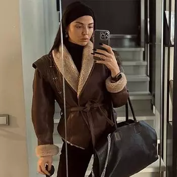 Короткая куртка из искусственного меха для женщин, уличная винтажная, с V-образным вырезом, длинным рукавом, поясом, женское тонкое пальто, зима-осень, утолщенная, пэчворк, подол, женская верхняя одежда S коричневый