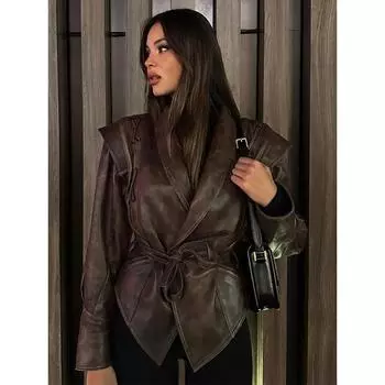 Короткая куртка из искусственной кожи на шнуровке для женщин, модное пальто с длинными рукавами и лацканами, женская офисная верхняя одежда для поездок на работу M королевский синий