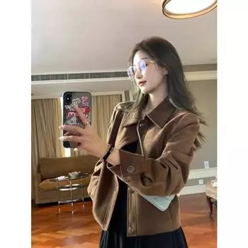 Короткая куртка из искусственной замши кофейного цвета для женщин, винтажное пальто свободного кроя на весну и осень S кофейный