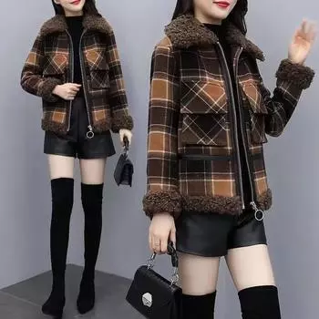 Короткая куртка из овечьей шерсти в клетку, зимнее укороченное пальто на молнии для женщин, плотная одежда обычного типа XS коричневый