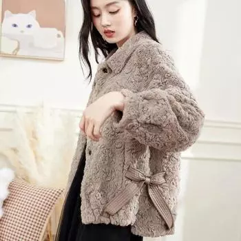 Короткая куртка из зернистого флиса с кроличьей шерстью, зимняя новая женская одежда 2024 года, искусственный мех, плюшевая куртка, утолщенная для сохранения тепла S хаки
