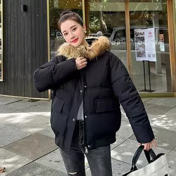 Короткая куртка на хлопковой подкладке, женское зимнее пальто, тонкое мягкое пальто с большим меховым воротником, уличное хлопковое пальто M серый