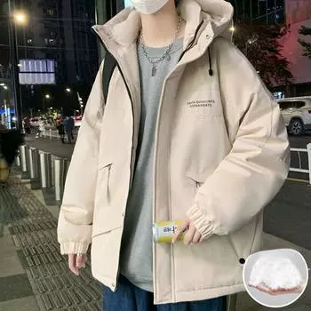 Короткая куртка-пуховик для мужчин, зимняя, утолщенная, модная, брендовая, высококачественная, 80 бархатная, с буквенным принтом, пара, в гонконгском стиле, куртка с капюшоном для мужчин M