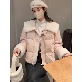 Короткая куртка-пуховик из овечьей шерсти женская зимняя корейская милая маленькая теплая белая куртка-пуховик женская One Size