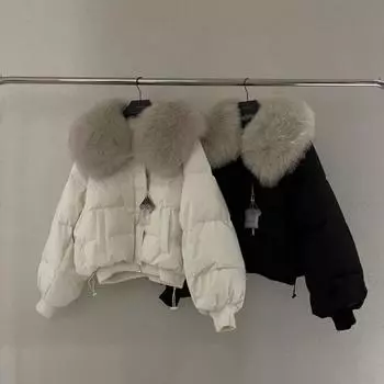 Короткая куртка-пуховик с большой головой и цветком лисы для женщин, зимняя, для маленьких мужчин 2024 года, новая куртка из хлеба Average size within 75kg чёрный