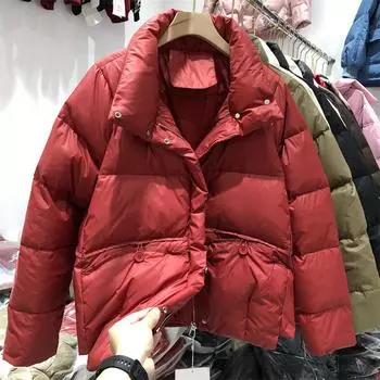 Короткая куртка-пуховик с длинными рукавами и воротником-стойкой, женская универсальная маленькая зимняя одежда, свободная белая куртка на утином пуху, модная куртка в корейском стиле S хаки