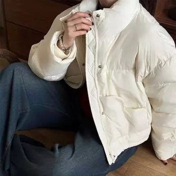 Короткая куртка-пуховик с карманами для любви от Milk fufu, женская куртка-хлеб с воротником-стойкой, новинка зимы 2024 года, белый утиный пух average size чистый белый