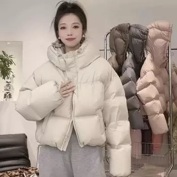 Короткая куртка-пуховик женская 2024 новая зимняя женская одежда корейская версия свободная большого размера женская куртка на утином пуху One size fits all (40kg-75kg recommended) чёрный