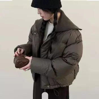 Короткая куртка-пуховик женская 2024 новая зимняя женская одежда корейская версия свободная большого размера женская куртка на утином пуху One size fits all (40kg-75kg recommended) чёрный