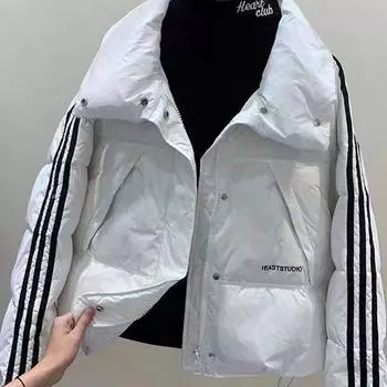 Короткая куртка-пуховик женская 2024 осень-зима новая корейская версия три полоски дизайн утолщенная куртка из белого утиного пуха прилив S чёрный