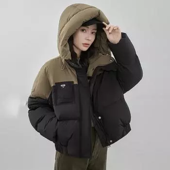 Короткая куртка-пуховик женская толстая белая утиная пуховая куртка с капюшоном в стиле колор-блок S