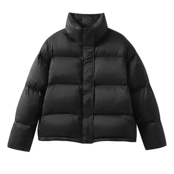 Короткая куртка-пуховик женская зимняя 2024 маленькая свободная простая куртка-хлеб воротник стойка теплая куртка утолщенная S чёрный